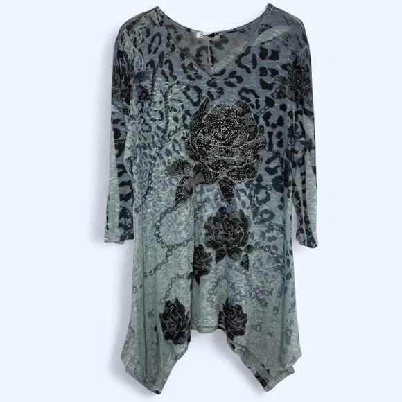 Y2K Cactus Rose Tunic Top Women's Size M Rhinestone Rose Burnout Print Goth Boho - Picture 1 of 7